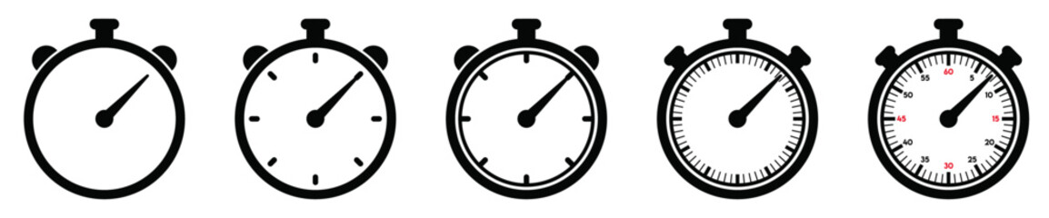Stopwatch or timer icons set isolated on transparent backgorund. Countdown pictogram collection. Alarm symbols.