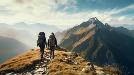 Fototapeta premium a couple of people hiking on a mountain
