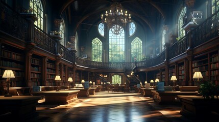Obraz premium a large library with a large arched window
