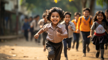 During recess, children play active games outdoors, laughing and relishing every moment of returning to school. Their voices fill the schoolyard with cheerful sounds  - obrazy, fototapety, plakaty