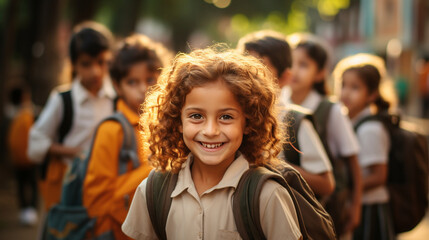 Fototapeta premium At the end of the day, children head home with smiles on their faces and bags of knowledge in their hands. The first of September marks the beginning of a new educational chapter, 