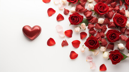 Fototapeta na wymiar Composition for a Valentine's Day banner, incorporating design elements like a crimson rose, embellished red heart, and ribbon, elegantly arranged on a pristine white background in 