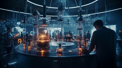 a group of people standing around a table with a group of glass jars