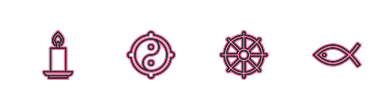 Set line Burning candle, Dharma wheel, Yin Yang and Christian fish icon. Vector