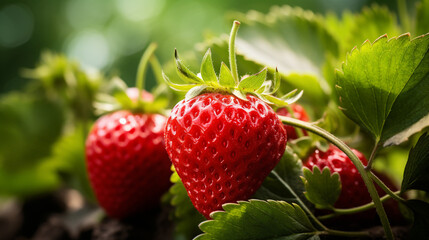 Summer fruit setting: Juicy strawberry against a backdrop of lush greenery. 