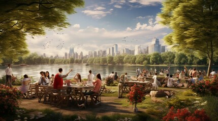 a group of people sitting at tables by a body of water