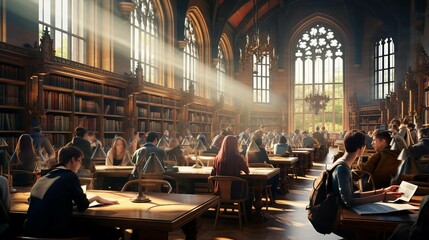 a group of people sitting in a library