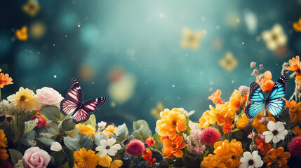 Fototapeta na wymiar Easter-themed spring floral backdrop; vibrant flowers and a yellow butterfly against a lush green grassy setting. Generative AI