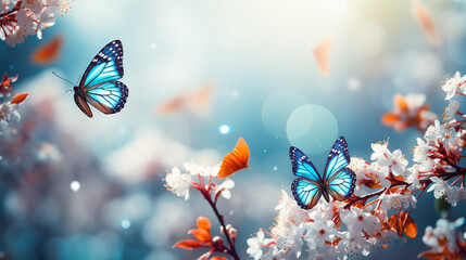 Abstract spring nature backdrop; blossoming flowers and a graceful butterfly in a vibrant display. Generative AI