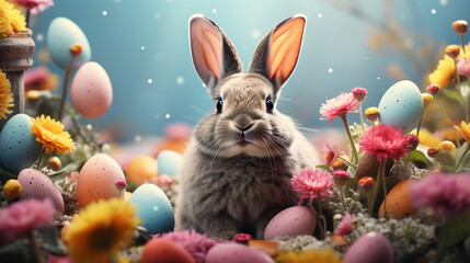 Artistic Easter Day holiday banner backdrop; Bunny rabbit and adorned eggs amidst a field of blossoms. Generative AI