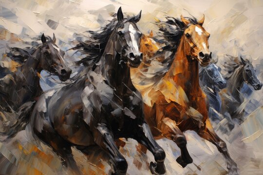 Dark horses, oil painting. Beautiful illustration picture. Generative AI