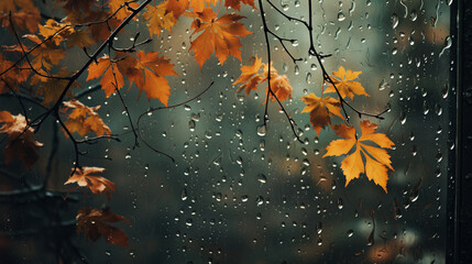 An artistic portrayal of a background adorned with damp autumn leaves; featuring an autumnal window adorned with water droplets and a fallen leaf. Generative AI