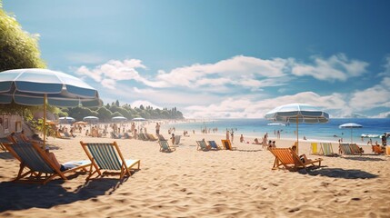 a beach with chairs and umbrellas