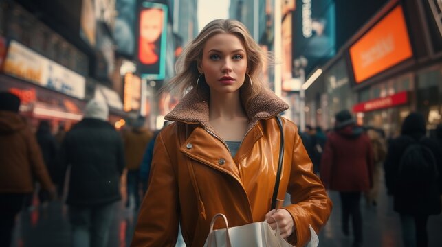 Woman in the city. Beautiful illustration picture. Generative AI