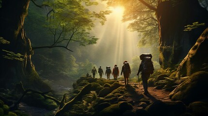 a group of people walking through a forest