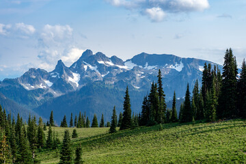 Rugged, rocky mountains under a blue sky behind a picturesque green alpine meadow