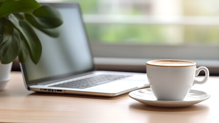 White cup of Coffee and  laptop  on Wooden Table
