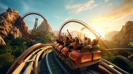Keuken foto achterwand Amusementspark a roller coaster going through a mountainous area
