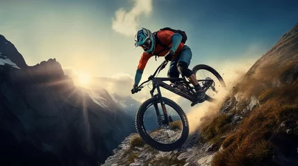 Fotobehang a man riding a bike on a mountain © KWY