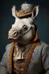 Fashion image of anthropomorphic rhino. Beautiful illustration picture. Generative AI