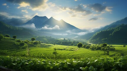 Fototapeta premium a green field with mountains in the background