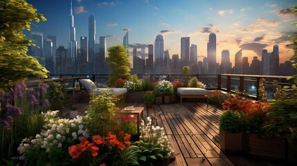 Fototapeta premium a garden with flowers and a city skyline in the background