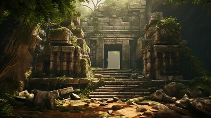 a stone building with stairs with Angkor Wat in the background