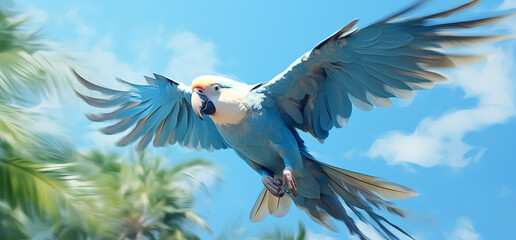 Blue tropical parrot flying on a blue background