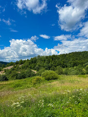 Awesome Carpathian mountains landscape background with forest and clouds on the summer season  