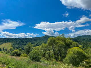 Obraz premium Awesome Carpathian mountains landscape background with forest and clouds on the summer season 