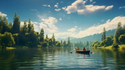 Fototapeta na wymiar a group of people rowing a boat on a lake