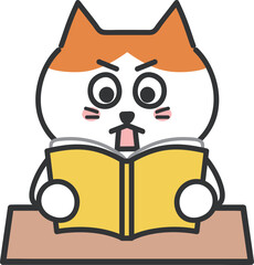 Astonished orange tabby cat while reading a book, vector illustration.