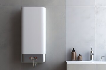 Wall in the bathroom with a mounted gas water heater. Gas boiler - heating and hot water supply - 632497302