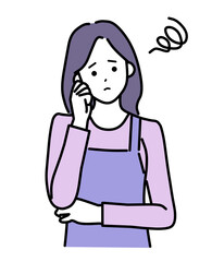 エプロンを着た悩みを抱える長髪のシンプル女性