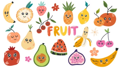 Muurstickers Fruits characters collection. Banana, pear, lemon, orange, fig, pomegranate, avocado, strawberry, peaches, berries with cute faces. Sweet Summer. Vector illustrations for kids. © PawLoveArt