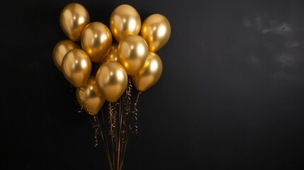 Gold balloons bunch on a black wall, copy space, high quality, 16:9 