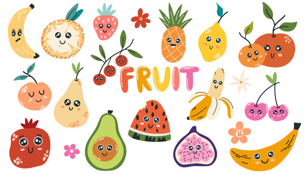 Fruits characters collection. Banana, pear, lemon, orange, fig, pomegranate, avocado, strawberry, peaches, berries with cute faces. Sweet Summer. Vector illustrations for kids.