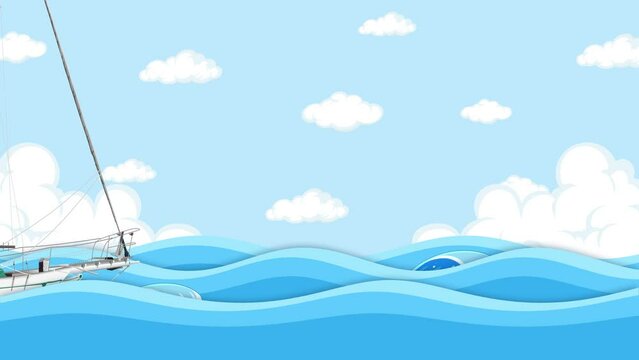 Sailing boat floating on choppy waves in the open sea.
