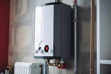 Wall in the bathroom with a mounted gas water heater. Gas boiler - heating and hot water supply - 632499111