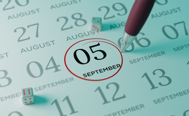 September 5th Calendar date. close up a red circle is drawn on September 5th to remember important events