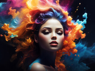 Beautiful fantasy abstract portrait of a beautiful woman double exposure with a colorful digital paint splash or space nebula, generative ai