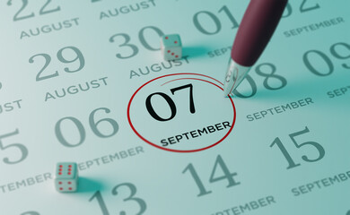 September 7th Calendar date. close up a red circle is drawn on September 7th to remember important...