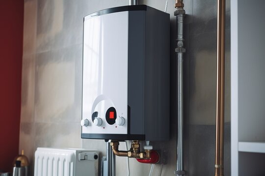 Wall in the bathroom with a mounted gas water heater. Gas boiler - heating and hot water supply