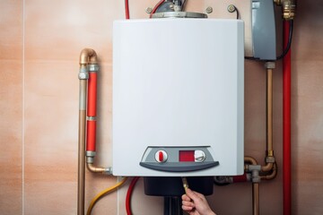 Hydraulic mechanic installer repairs gas water heater in a house - 632499343