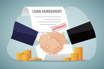 Loan agreement borrow money from bank, mortgage, debt or obligation to pay back interest rate, personal loan or financial support concept, businessman shaking hand with loan agreement and money.