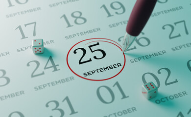 September 25th Calendar date. close up a red circle is drawn on September 25th to remember...