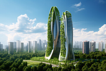 Sustainable green building in modern city. Green architecture. Eco-friendly building. Sustainable building with vertical garden reduce CO2. Futuristic building. Net zero emissions.