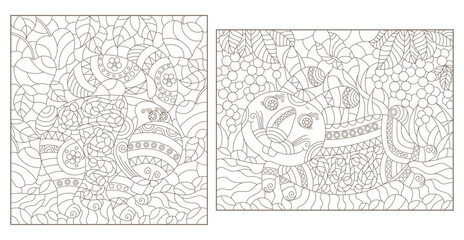 A set of contour illustrations in the style of stained glass with abstract cartoon rabbits on a background of berries, dark contours on a white background