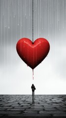 A person standing in the rain holding a red heart balloon. AI.
