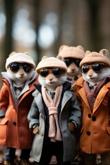 A group of figurines of cats wearing coats and sunglasses. AI.